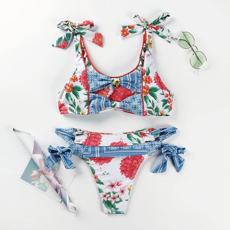 Deep V Neck Bikini Floral Print Swimsuit Bow Swimwear Lace Up Bikini Set The Clothing Company Sydney