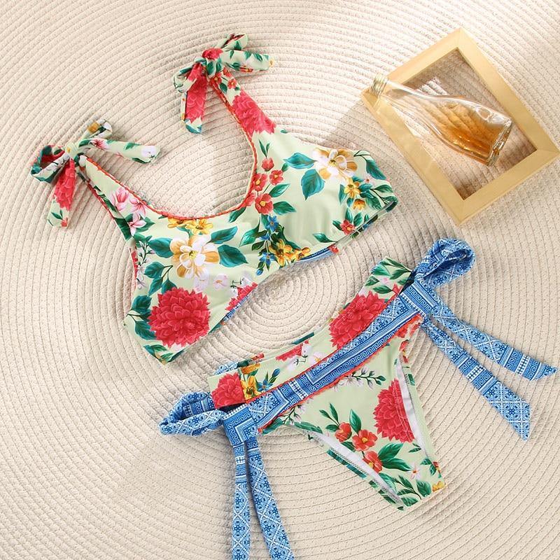 Deep V Neck Bikini Floral Print Swimsuit Bow Swimwear Lace Up Bikini Set The Clothing Company Sydney
