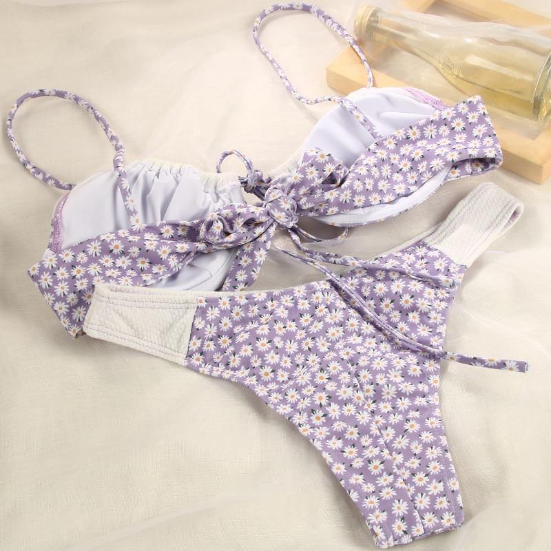 Deep V Neck Bikini Floral Print Swimsuit Bow Swimwear Lace Up Bikini Set The Clothing Company Sydney