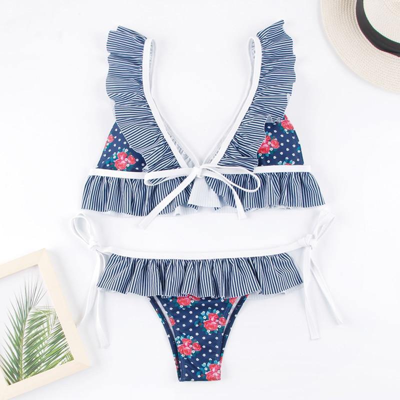 Deep V Neck Bikini Floral Print Swimsuit Bow Swimwear Lace Up Bikini Set The Clothing Company Sydney