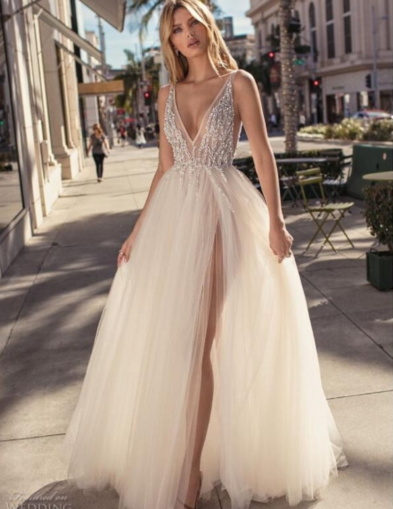 Tulle Evening Gown Backless V-Neck High Split Prom Party Gowns Custom Made Special Occasion Dresses The Clothing Company Sydney