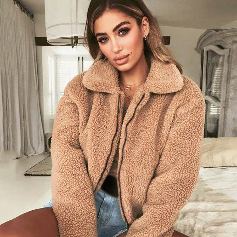 Faux Fur Coat Autumn Elegant Loose Thin Outwear Zipper Overcoat Teddy Jacket The Clothing Company Sydney