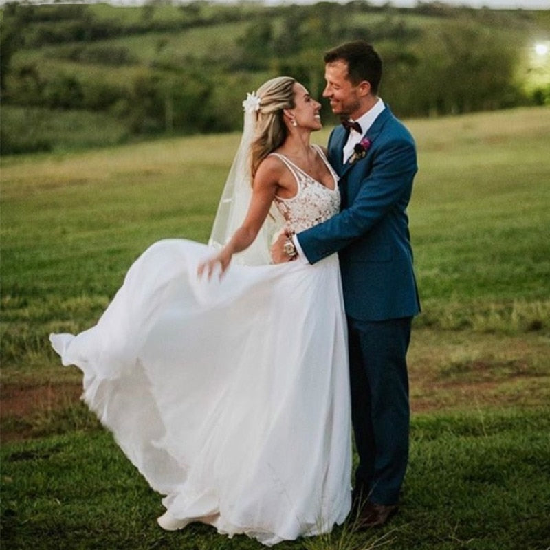 Backless V Neck Sleeveless Boho Wedding Gowns Custom Made Bohemian Lace Beach Wedding Dress The Clothing Company Sydney