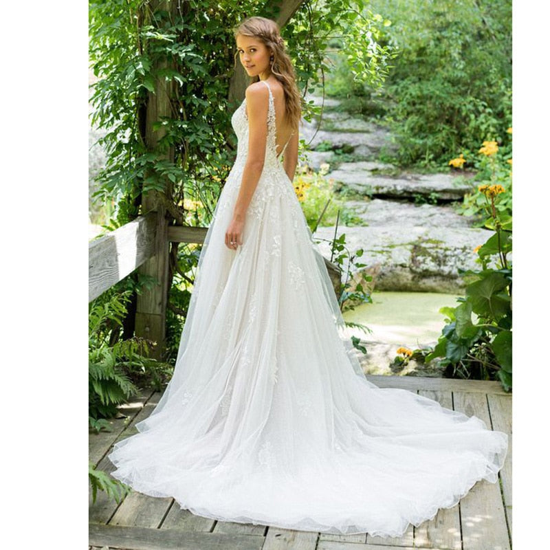 Eightale Boho Wedding Dress V-Neck Appliques A-Line Lace Bridal Wedding Gown Dress The Clothing Company Sydney