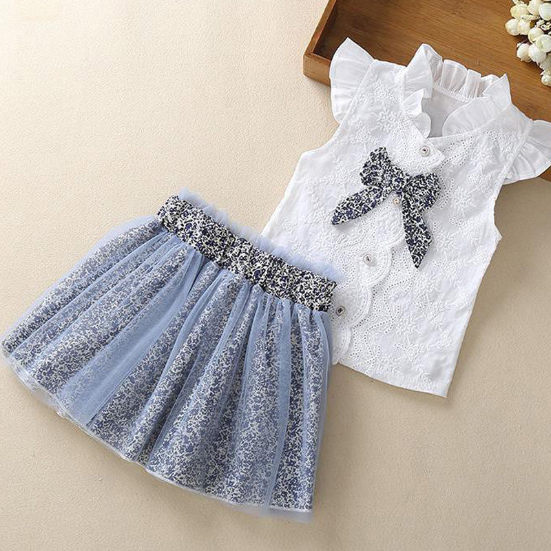 2 Piece Girls Clothing Sets New Summer Sleeveless T-shirt+Print Bow Skirt Shorts for Kids Clothing Sets Outfit The Clothing Company Sydney