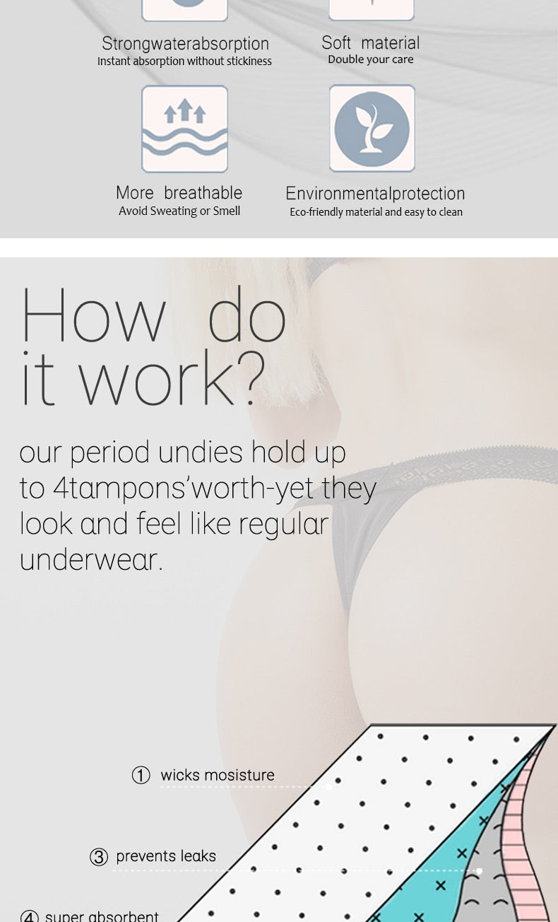 4-Layer Sexy Lace Leakproof Menstrual Panties New Breathable Fast Absorbent Underwear Womens Menstrual Briefs plus size lingerie The Clothing Company Sydney