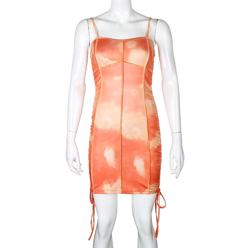 Spaghetti Strap Tie Dye Ruched Summer Drawstring Patchwork Bodycon Club Party Dress The Clothing Company Sydney