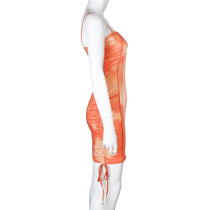 Spaghetti Strap Tie Dye Ruched Summer Drawstring Patchwork Bodycon Club Party Dress The Clothing Company Sydney