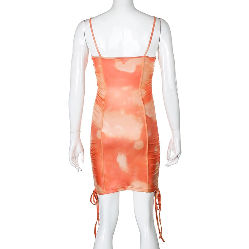 Spaghetti Strap Tie Dye Ruched Summer Drawstring Patchwork Bodycon Club Party Dress The Clothing Company Sydney