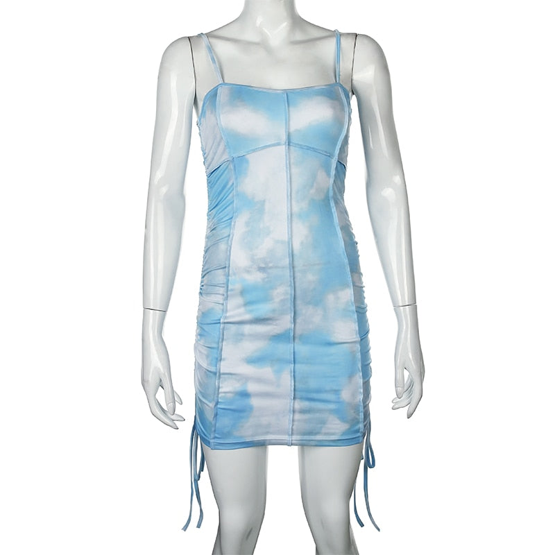 Spaghetti Strap Tie Dye Ruched Summer Drawstring Patchwork Bodycon Club Party Dress The Clothing Company Sydney