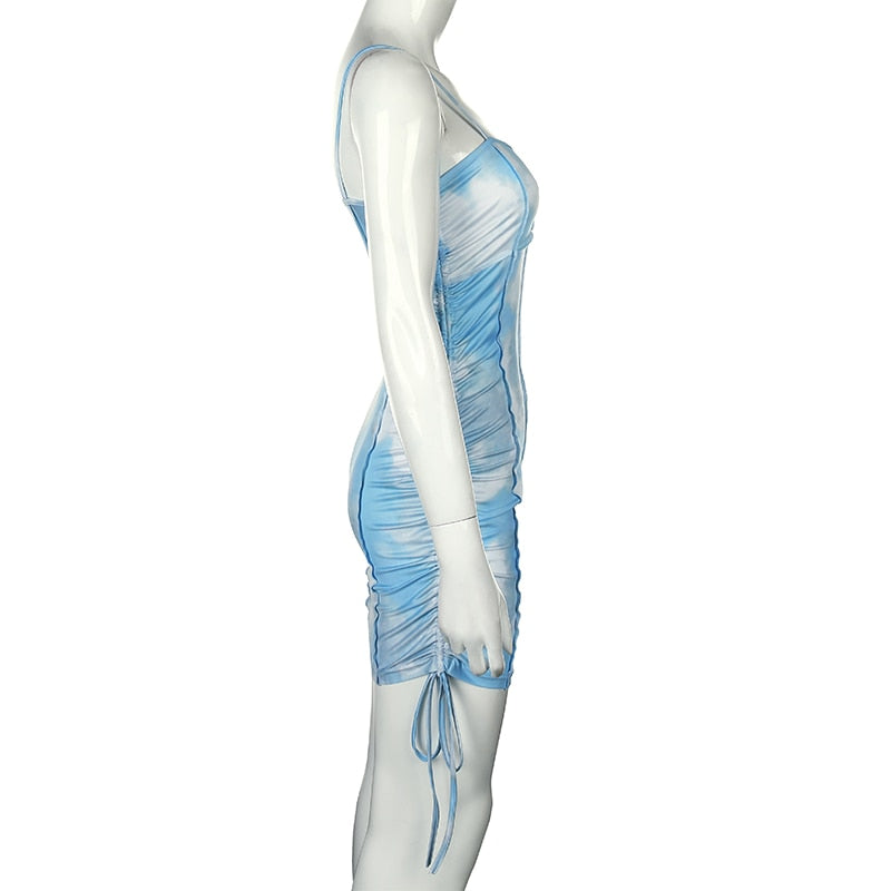 Spaghetti Strap Tie Dye Ruched Summer Drawstring Patchwork Bodycon Club Party Dress The Clothing Company Sydney