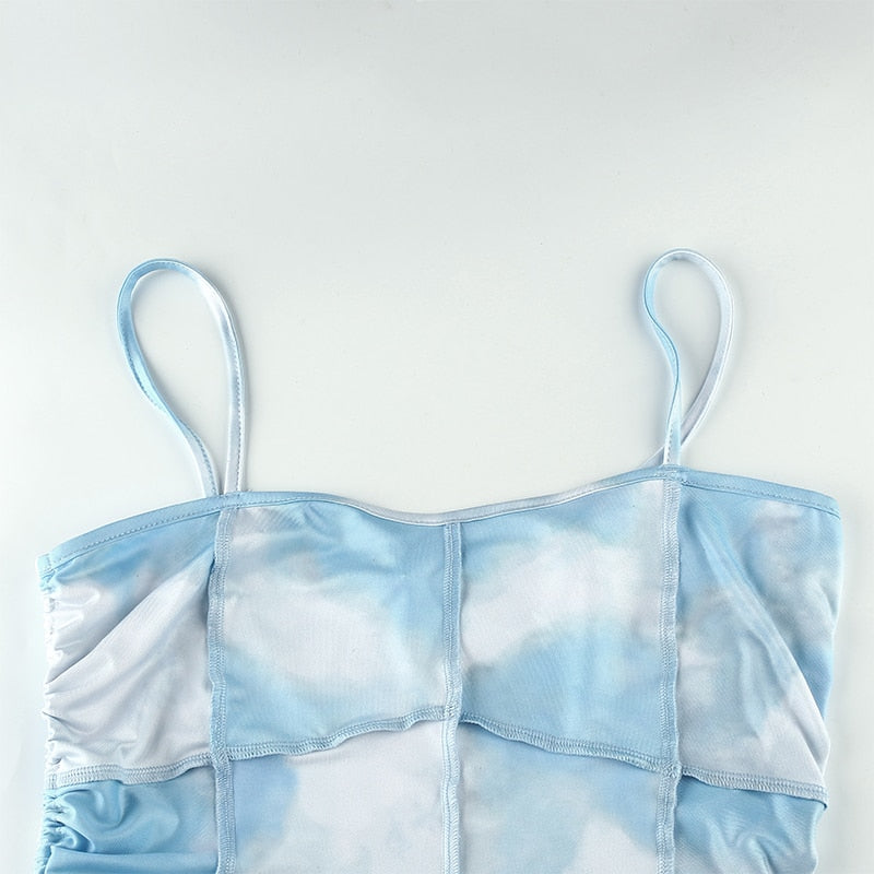 Spaghetti Strap Tie Dye Ruched Summer Drawstring Patchwork Bodycon Club Party Dress The Clothing Company Sydney