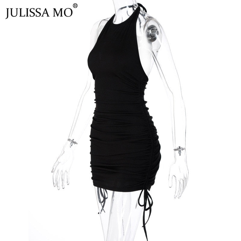 Backless Ruched Autumn Halter Bodycon Short Drawstring Club Partywear Dress The Clothing Company Sydney