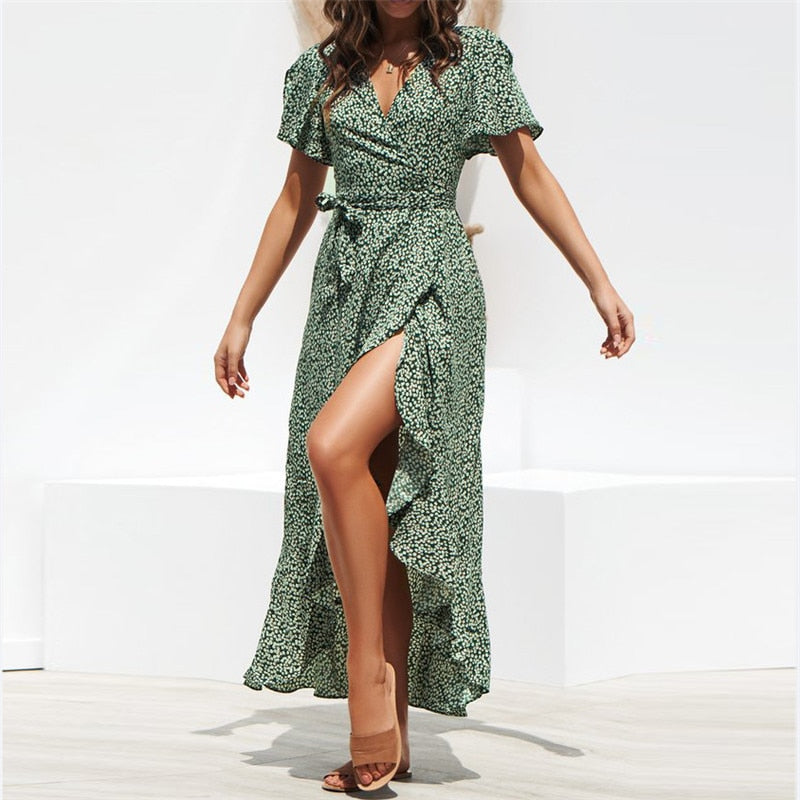 Summer Beach Maxi Floral Print Boho Long Ruffles Wrap Casual V-Neck Split Party Dress The Clothing Company Sydney