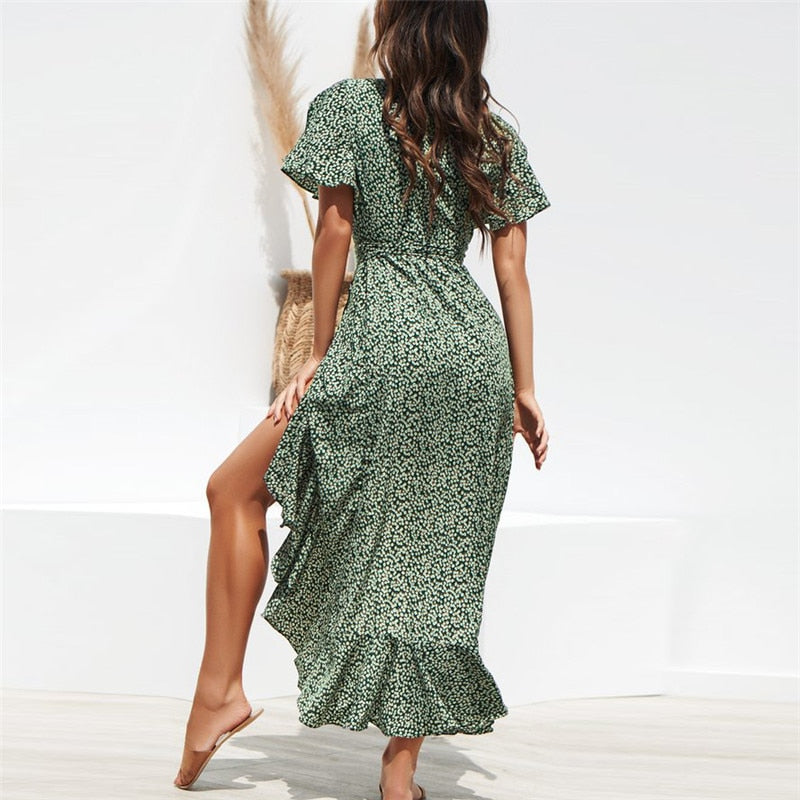 Summer Beach Maxi Floral Print Boho Long Ruffles Wrap Casual V-Neck Split Party Dress The Clothing Company Sydney