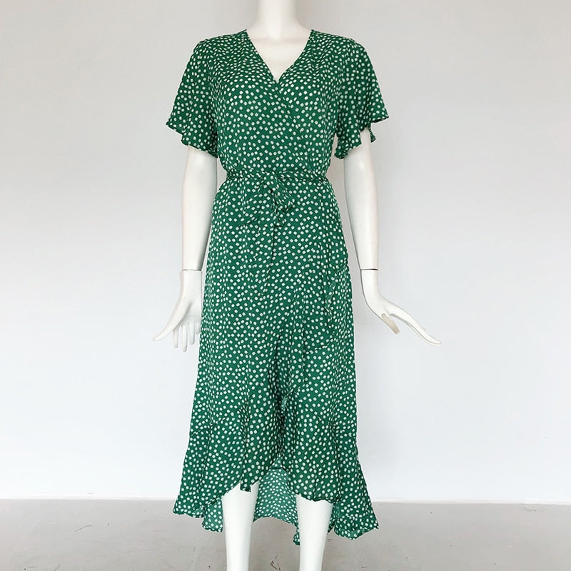 Summer Beach Maxi Floral Print Boho Long Ruffles Wrap Casual V-Neck Split Party Dress The Clothing Company Sydney