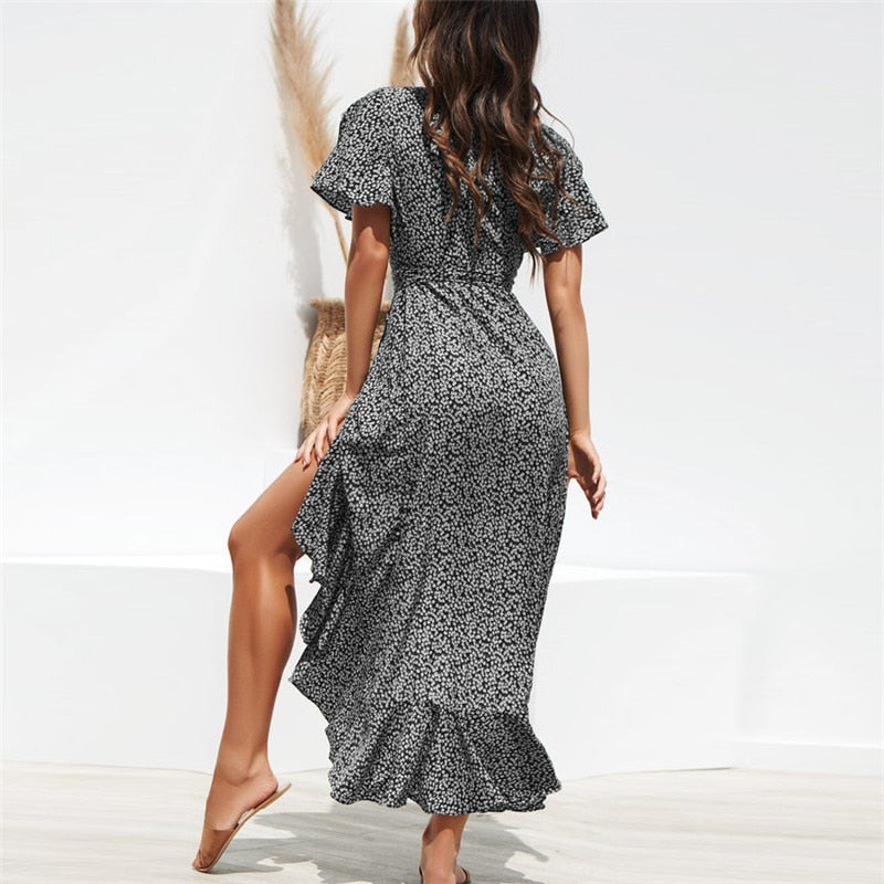 Summer Beach Maxi Floral Print Boho Long Ruffles Wrap Casual V-Neck Split Party Dress The Clothing Company Sydney