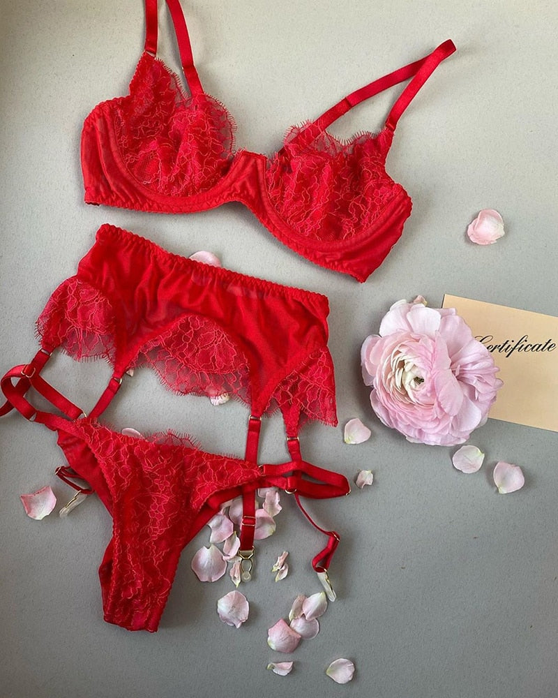3 Piece Lingerie Underwear Lace Push Up Bra Underwire  Brief Garters and Thongs Intimate Outfit Set The Clothing Company Sydney