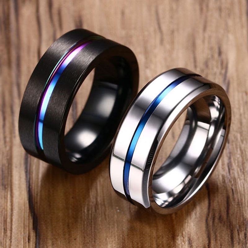 8mm Black Ring for Men Women Groove Stainless Steel Wedding Bands Trendy Fraternal Rings Casual Jewellery The Clothing Company Sydney
