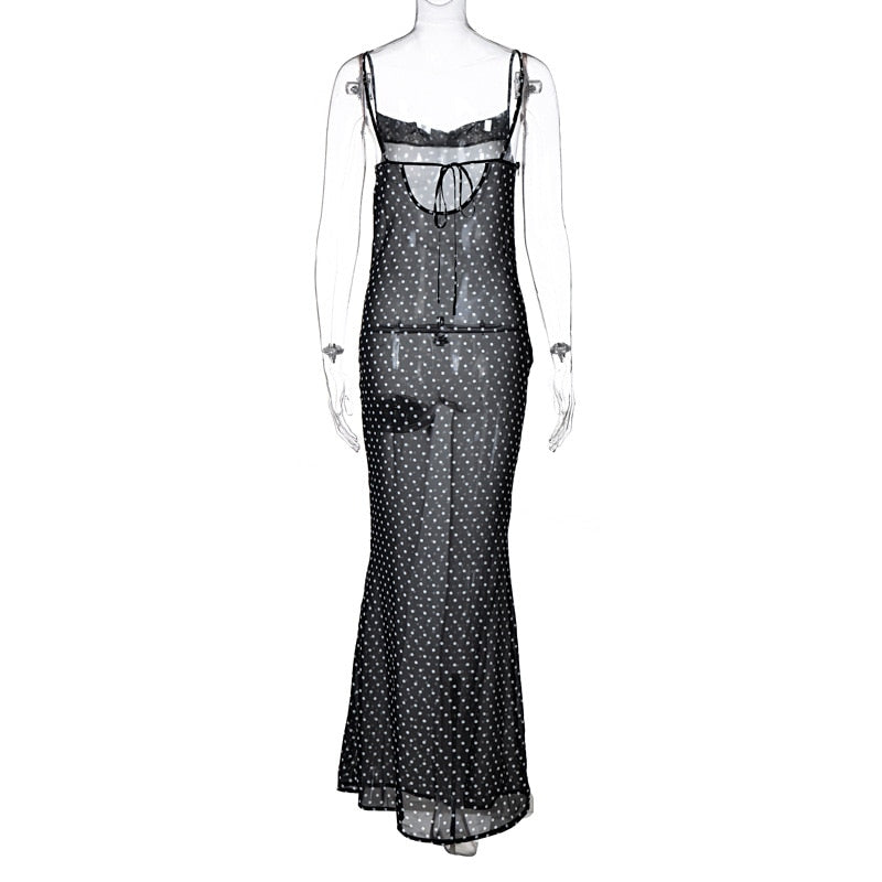 Spaghetti Strap Polka Dot Maxi Sexy Backless Women Dresses Party Club Black Mesh See Through Dress The Clothing Company Sydney