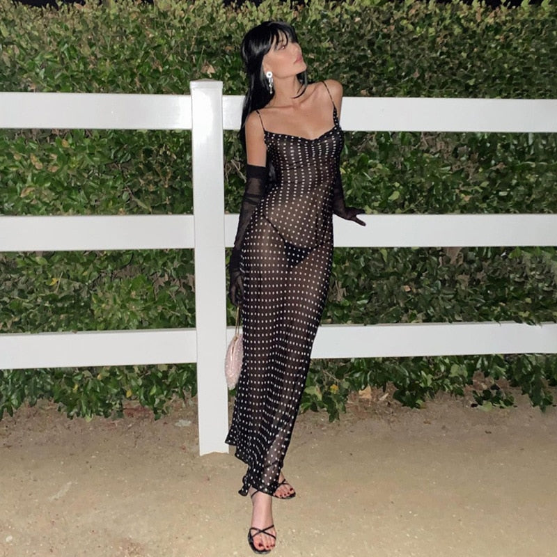 Spaghetti Strap Polka Dot Maxi Sexy Backless Women Dresses Party Club Black Mesh See Through Dress The Clothing Company Sydney