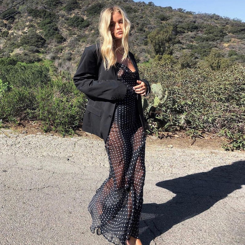 Spaghetti Strap Polka Dot Maxi Sexy Backless Women Dresses Party Club Black Mesh See Through Dress The Clothing Company Sydney