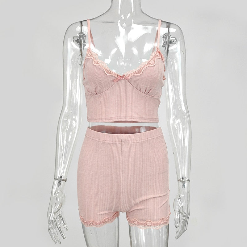 White Summer Ribbed V-neck backless Camisole Mini Shorts 2 Piece Set Pink Casual Outfit The Clothing Company Sydney