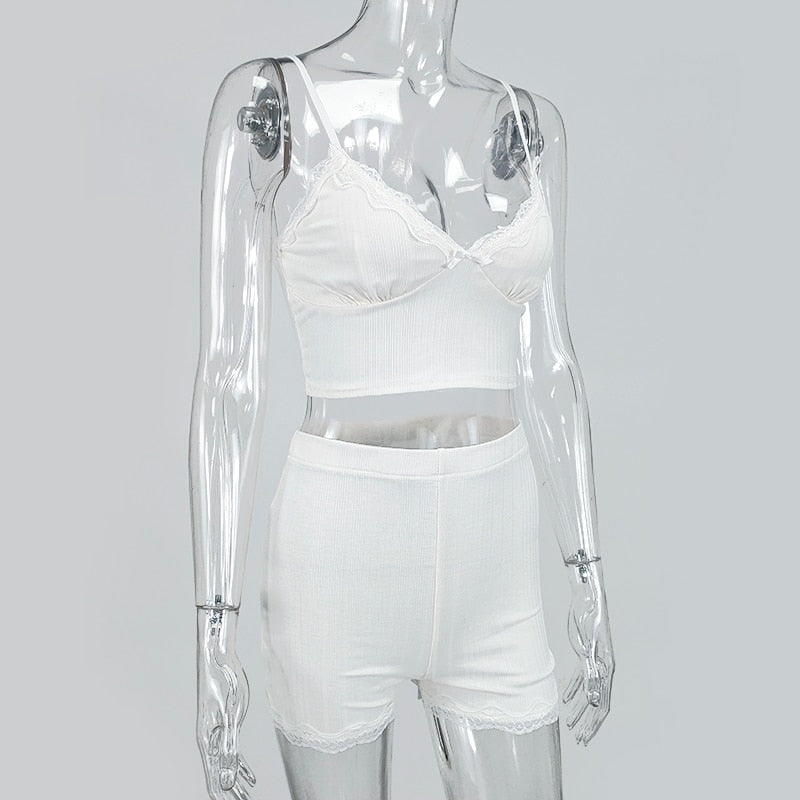 White Summer Ribbed V-neck backless Camisole Mini Shorts 2 Piece Set Pink Casual Outfit The Clothing Company Sydney