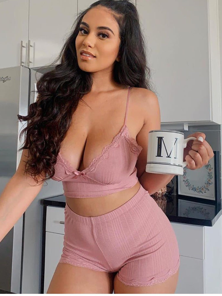 White Summer Ribbed V-neck backless Camisole Mini Shorts 2 Piece Set Pink Casual Outfit The Clothing Company Sydney