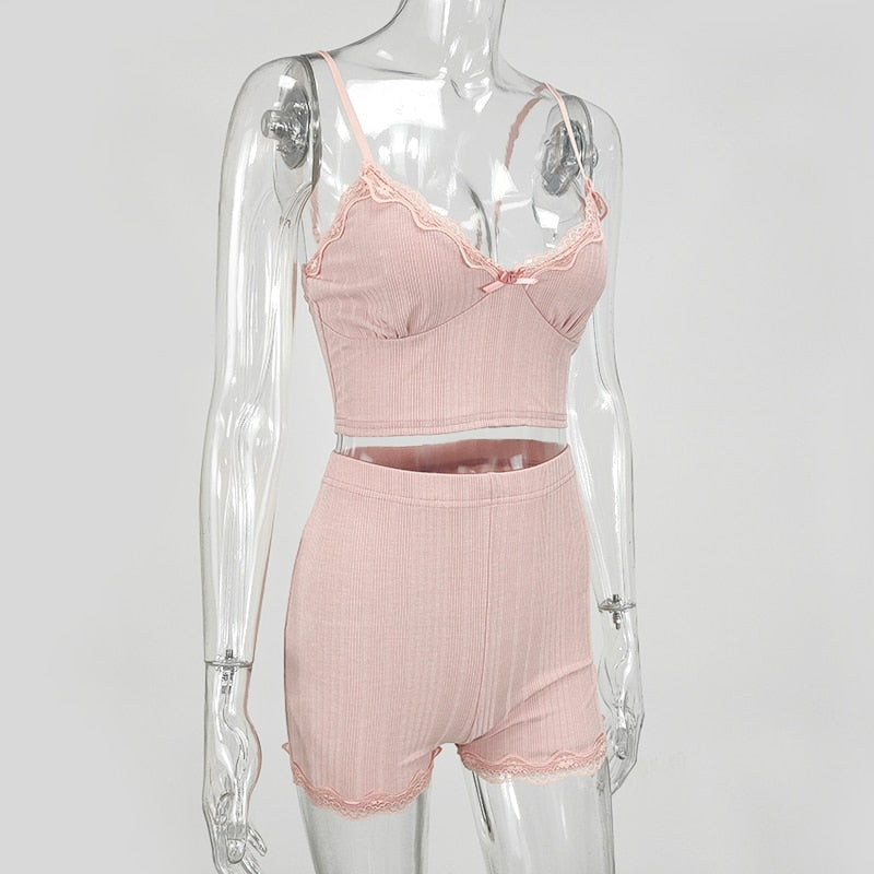 White Summer Ribbed V-neck backless Camisole Mini Shorts 2 Piece Set Pink Casual Outfit The Clothing Company Sydney