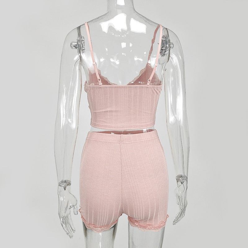 White Summer Ribbed V-neck backless Camisole Mini Shorts 2 Piece Set Pink Casual Outfit The Clothing Company Sydney