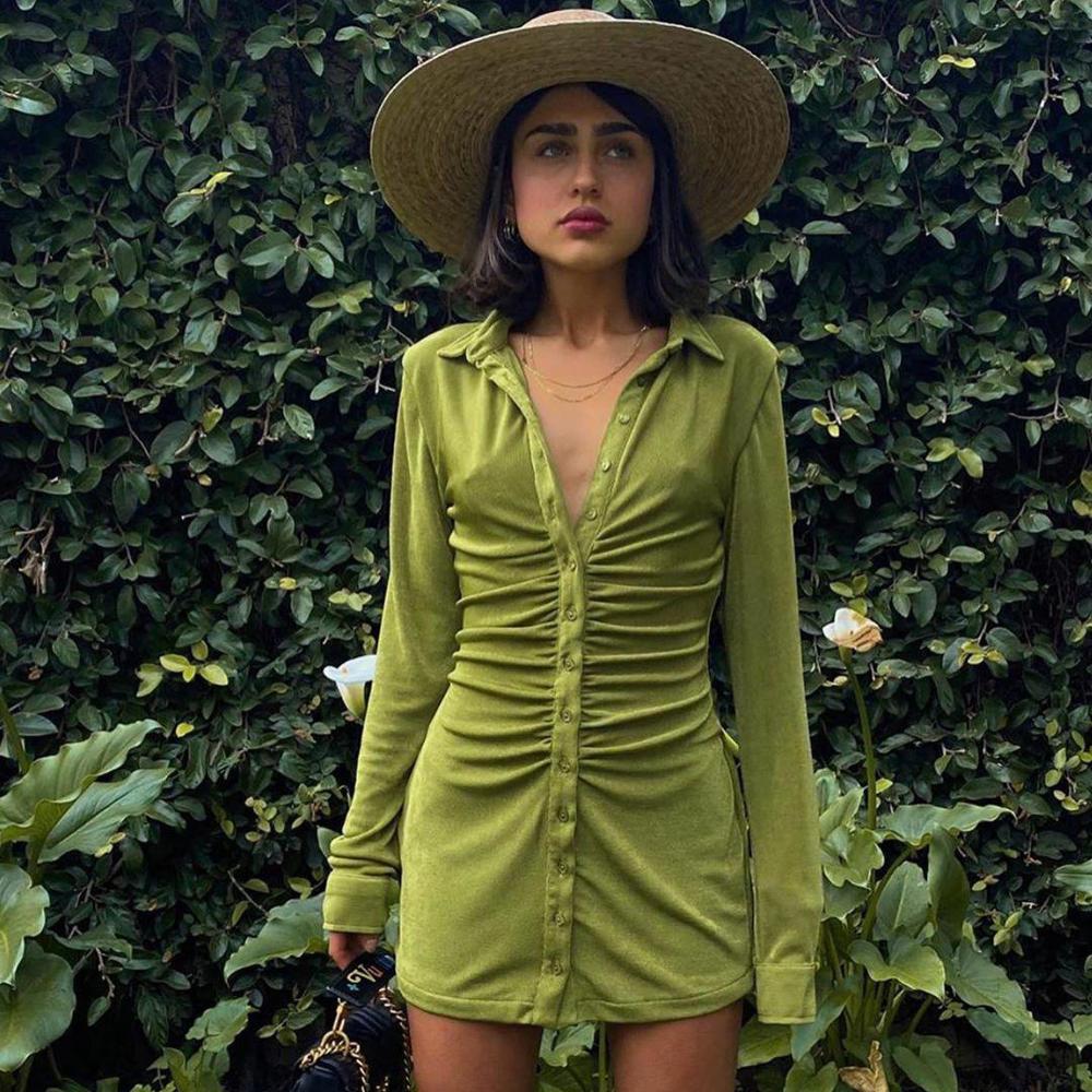 Turn-Down Collar Green Shirt Club Party Long Sleeve Button Mini Dress Spring Streetwear The Clothing Company Sydney