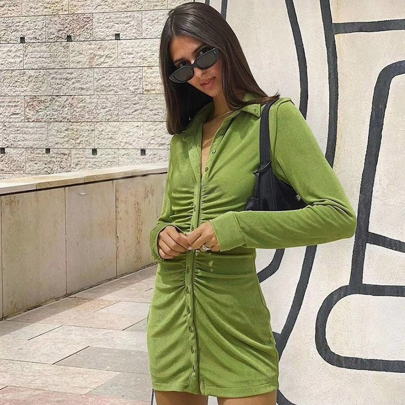 Turn-Down Collar Green Shirt Club Party Long Sleeve Button Mini Dress Spring Streetwear The Clothing Company Sydney