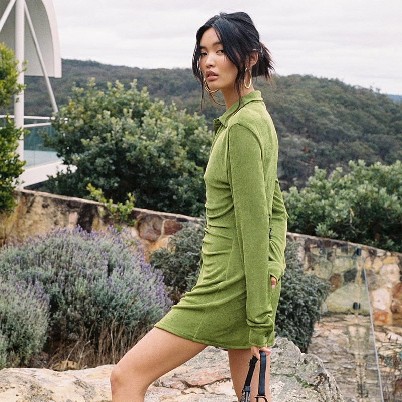 Turn-Down Collar Green Shirt Club Party Long Sleeve Button Mini Dress Spring Streetwear The Clothing Company Sydney