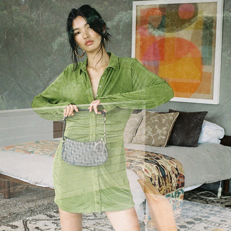 Turn-Down Collar Green Shirt Club Party Long Sleeve Button Mini Dress Spring Streetwear The Clothing Company Sydney