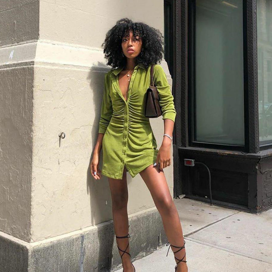Turn-Down Collar Green Shirt Club Party Long Sleeve Button Mini Dress Spring Streetwear The Clothing Company Sydney