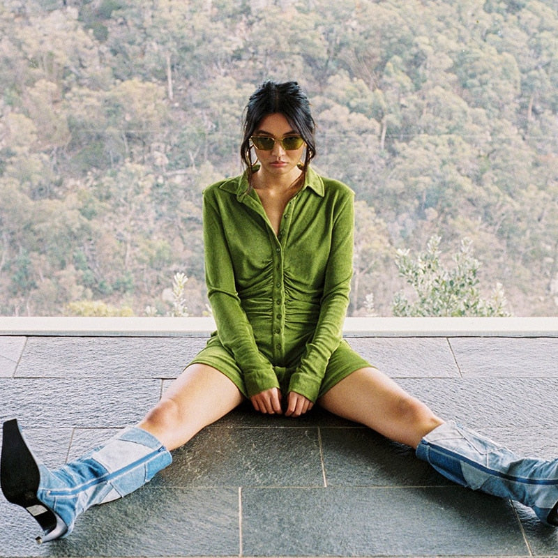 Turn-Down Collar Green Shirt Club Party Long Sleeve Button Mini Dress Spring Streetwear The Clothing Company Sydney