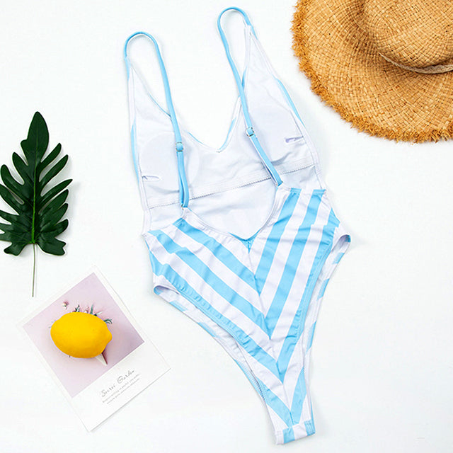 Backless Striped Swimwear One Piece Swimsuit monokini High cut Trikini V Neck Bathing Suit The Clothing Company Sydney