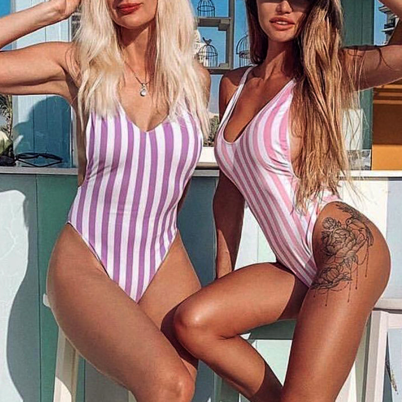 Backless Striped Swimwear One Piece Swimsuit monokini High cut Trikini V Neck Bathing Suit The Clothing Company Sydney