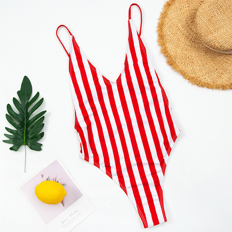 Backless Striped Swimwear One Piece Swimsuit monokini High cut Trikini V Neck Bathing Suit The Clothing Company Sydney