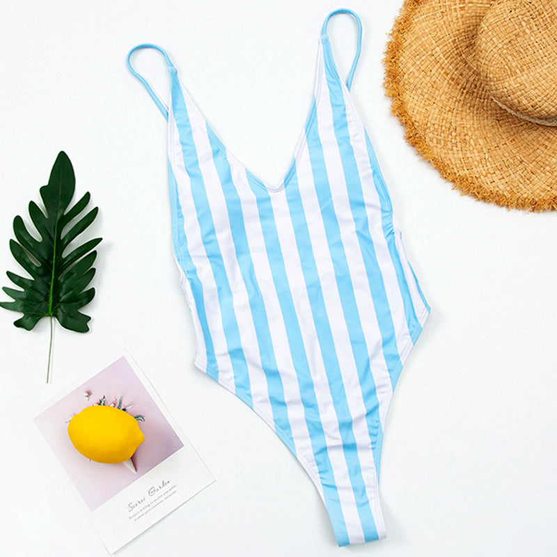 Backless Striped Swimwear One Piece Swimsuit monokini High cut Trikini V Neck Bathing Suit The Clothing Company Sydney