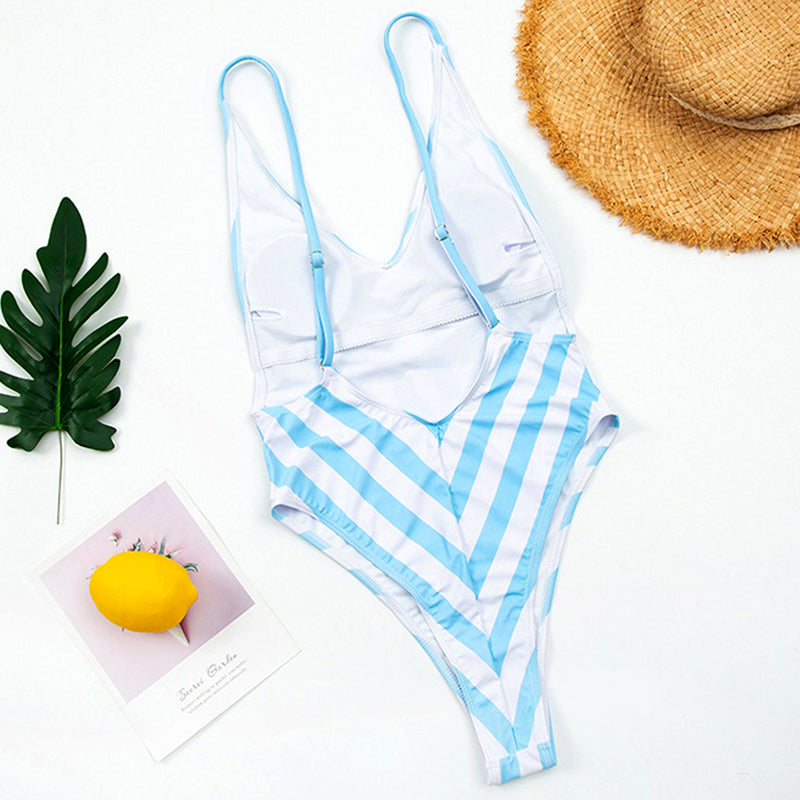 Backless Striped Swimwear One Piece Swimsuit monokini High cut Trikini V Neck Bathing Suit The Clothing Company Sydney