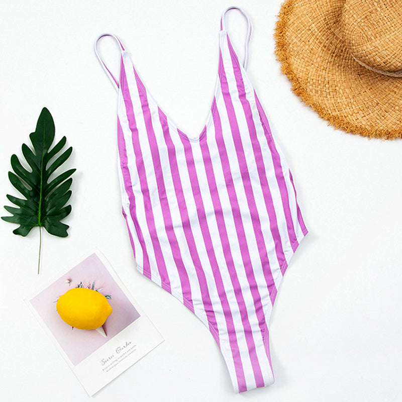 Backless Striped Swimwear One Piece Swimsuit monokini High cut Trikini V Neck Bathing Suit The Clothing Company Sydney