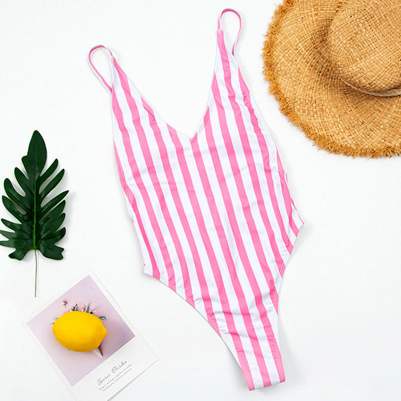 Backless Striped Swimwear One Piece Swimsuit monokini High cut Trikini V Neck Bathing Suit The Clothing Company Sydney