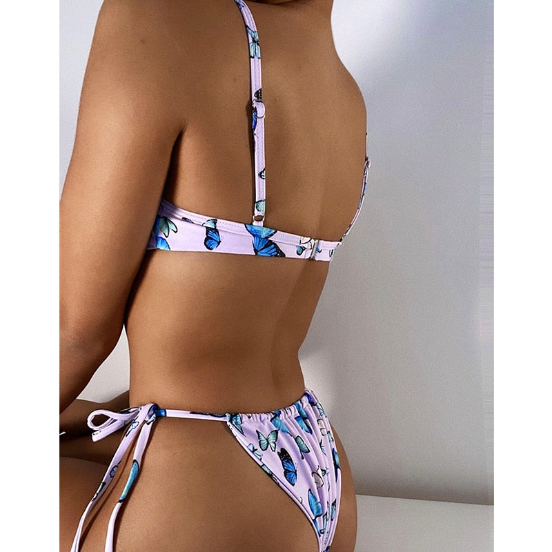 Butterfly print swimsuit Bandeau push up String low waist swimwear bathing suit Retro Bikini Set The Clothing Company Sydney