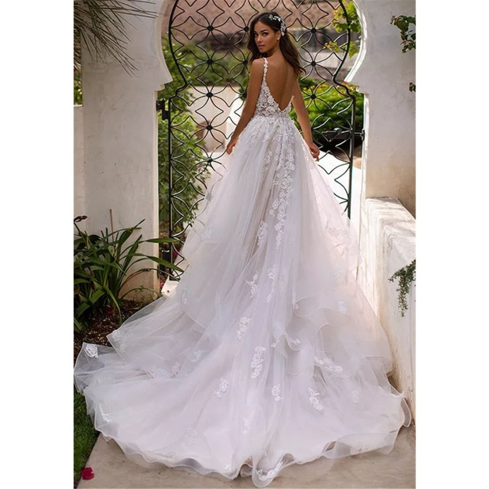 Long Boho A Line Backless 3D Flowers Spaghetti Strap Bride Princess Floor Length Wedding Gown Dress The Clothing Company Sydney