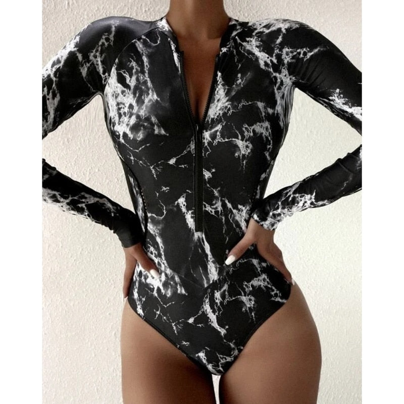 Summer Print Zipper One Piece Swimsuit Closed Long Sleeve Swimwear Sports Surfing Swimming Bathing Suit Beach Wear The Clothing Company Sydney
