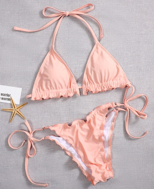 2 Piece Pink Ruffled Frilled Bikini swimsuit swimwear Two piece bikini set Halter Bather String bathing suit The Clothing Company Sydney