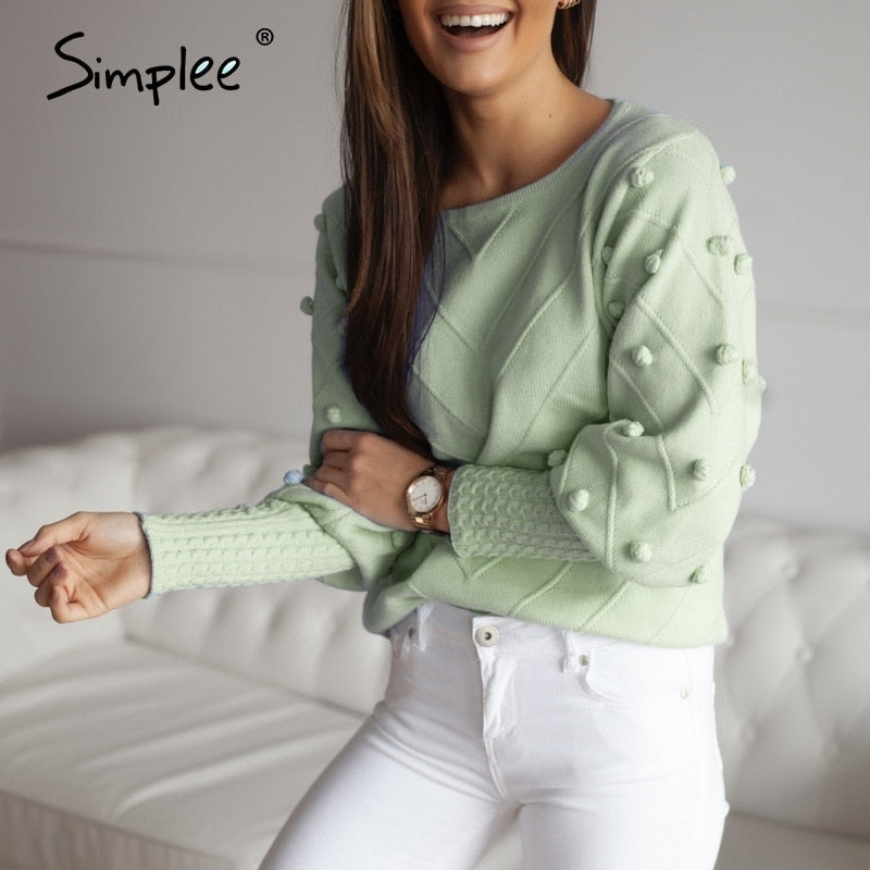 Elegant fur pompon sweater Autumn winter lantern sleeve knitted sweater Streetwear ladies green pullover Jumper The Clothing Company Sydney