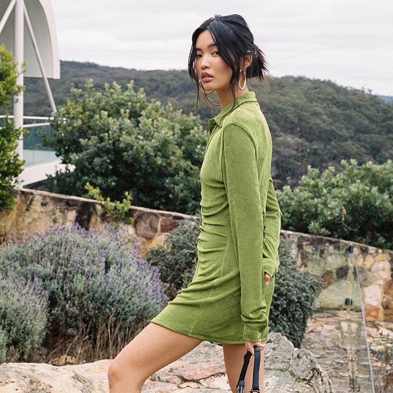Autumn Ruched Long Sleeve Bodycon Turn-Down Collar Mini Dress Button Slim Party Dress The Clothing Company Sydney